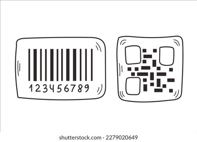 Barcode and QR code doodles. Hand drawn datum symbols collection. Doodle barcode. Doodle QR code. Isolated vector illustration set.