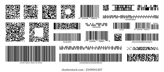 Etiquetas de código de barras e QR para digitalização, etiquetas de ID de produto de loja de varejo. Etiquetas de preço, emblemas de número de série, códigos de barras de estoque, conjunto de vetores de códigos de rastreamento de pacote