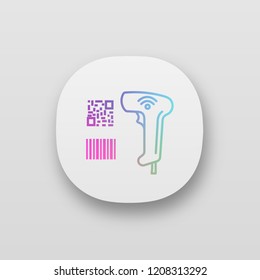 Barcode, QR Code Scanner App Icon. Wifi Linear And Matrix Barcodes Handheld Reader. QR Codes And Traditional Barcodes Reading. Store, Shop, Supermarket. UI/UX Interface. Vector Isolated Illustration