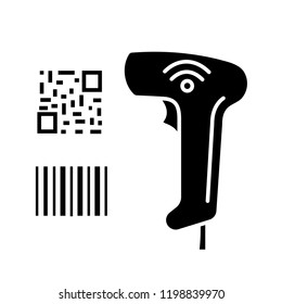 Barcode and QR code scanner glyph icon. Wifi bar codes handheld reader. QR codes barcodes reading device. Store, shop, supermarket. Silhouette symbol. Negative space. Vector isolated illustration