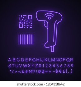 Barcode and QR code scanner neon light icon. Wifi barcodes handheld reader. QR codes and traditional barcodes reading device. Glowing sign with alphabet, numbers. Vector isolated illustration