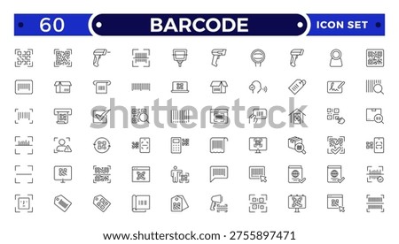 Barcode and QR Code Scanner Outline Icons – Retail Inventory System, Digital Laser Reader, Handheld Device, POS Payment, Warehouse Logistics Identification Collection
