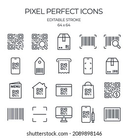 Barcode and Qr code scanning related editable stroke outline icons set isolated on white background flat vector illustration.