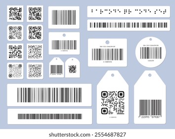 Barcode qr code set. Pack of barcode labels. Short link, wireless payment. Cashless transfers and transactions. Identity and coding. Flat vector collection isolated on blue background