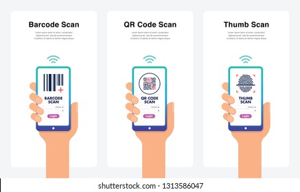 Código De Barras, Código QR, Concepto De Escaneo De Pulgares, Tendencias Nuevas Y Modernas. Puede Ser Utilizado Para Marketing Y Promoción, Web, Móvil, Infografías, Editorial, Uso Comercial Y Otros. Vector. 