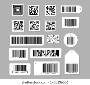 Código de barras y conjunto de ilustraciones vectoriales de código QR. Varios códigos de barras digitales etiquetas y colección de elementos de diseño de etiquetas. Ilustración vectorial plana aislada sobre fondo gris.