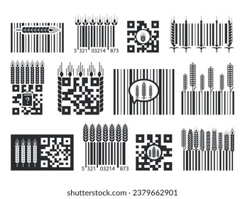 Barcode and QR code with wheat shopping price identification black line label set vector flat illustration. Shop store bakery strip data tag scan financial service digital technology sticker design