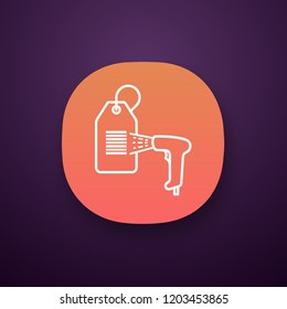 Barcode reader scanning hang tag app icon. UI/UX user interface. Store price label scanning with bar code reader. Shopping center labels reading. Linear barcodes scanner. Vector isolated illustration