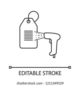 Barcode reader scanning hang tag linear icon. Store price label scanning with bar code reader. Shopping center label reading. Barcodes scanner. Contour vector isolated outline drawing. Editable stroke