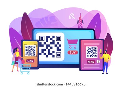 Barcode reading app, qrcode reader epayment transaction application. QR code scanner, QR generator online, QR code payment concept. Bright vibrant violet vector isolated illustration