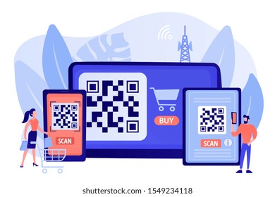 Barcode reading app, qrcode reader epayment transaction application. QR code scanner, QR generator online, QR code payment concept. Pinkish coral bluevector isolated illustration