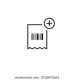Recibo de código de barras e símbolo de adição. Adição de item ao check-out, atualização de compra, registro de venda. Pixel perfeito, ícone de vetor de traçado editável