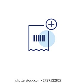 Strichcode-Quittung und Pluszeichen. Artikel zur Kasse hinzufügen, Kauf-Update, Verkauf Datensatz. Pixel perfekt, bearbeitbares Strichvektorsymbol