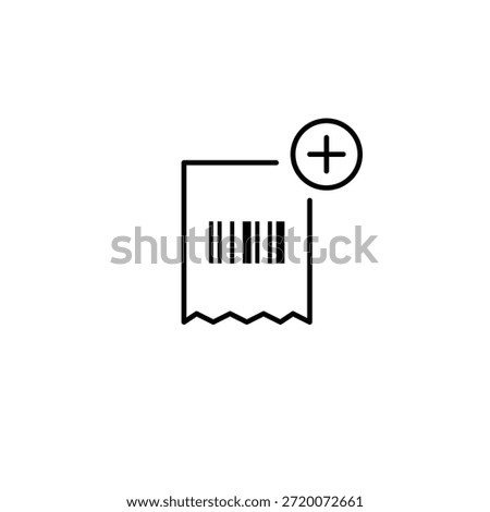 Barcode receipt and plus symbol. Item add to checkout, purchase update, sale record. Pixel perfect, editable stroke vector icon
