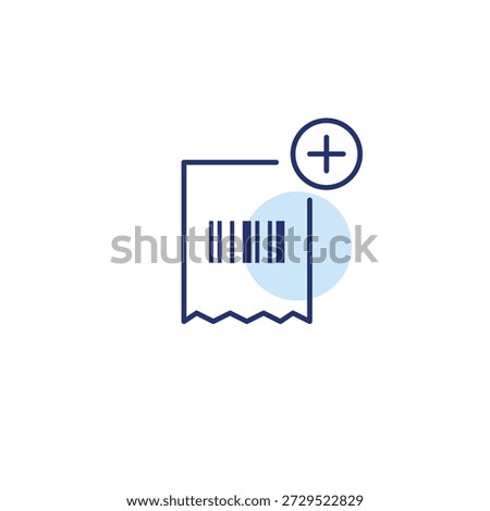 Barcode receipt and plus symbol. Item add to checkout, purchase update, sale record. Pixel perfect, editable stroke vector icon