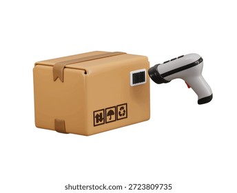 Escaneo de código de barras en el ícono de la caja de cartón Concepto de procesamiento 3d de escaneo de código de barras en una caja de cartón Supermercado, Ilustración vectorial de íconos de escaneo de productos de almacén