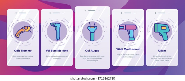 Dispositivo analizador de código de barras: Vector de conjunto de iconos de embarque. Equipamiento Electrónico Escáner Para Escanear Y Leer Ilustraciones De Código De Barra Especial De Productos