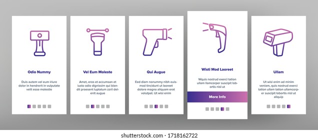 Barcode Scanner Device Onboarding Icons Set Vector. Scanner Electronic Equipment For Scanning And Reading Product Special Bar Code Illustrations