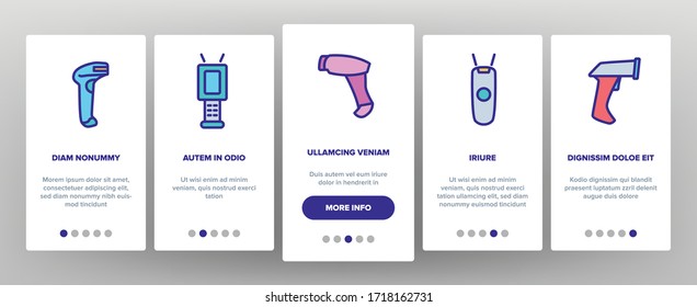Barcode Scanner Device Onboarding Icons Set Vector. Scanner Electronic Equipment For Scanning And Reading Product Special Bar Code Illustrations