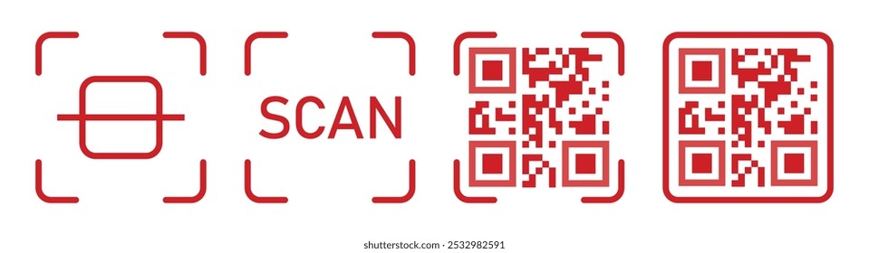 Barcode scanner icon. Barcode scanner icon symbol set in red color isolated on a white background. Qr code sign symbol. Scan code sign product reader icons. Qr code for payment. Vector illustration.