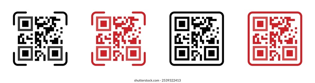 Conjunto de símbolos de icono de escáner de código de barras color rojo y negro aislado. Conjunto de iconos de código Qr. Escanee los iconos del lector de productos de signo de código. Icono de escáner de código de barras. Código Qr para el pago. Ilustración vectorial.