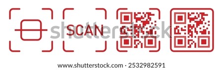 Barcode scanner icon. Barcode scanner icon symbol set in red color isolated on a white background. Qr code sign symbol. Scan code sign product reader icons. Qr code for payment. Vector illustration.