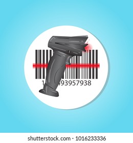 Barcode scanner laser hand black with a bar code icon. Isolated blue supermarket background Vector design