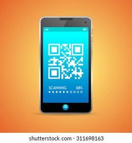 Barcode scanner phone isolated on orange background. Vector illustration