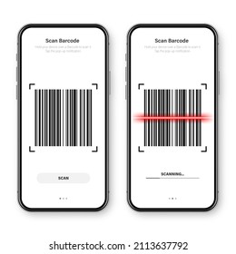 Barcode scanner, reader app for smartphone. Identification tracking code. Serial number, product ID with digital information. Store, supermarket scan labels, price tag. Vector illustration.