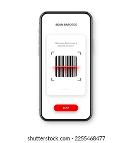 Barcode scanner, reader app for smartphone. Identification tracking code. Serial number, product ID with digital information. Store, supermarket scan labels, price tag. Vector illustration.