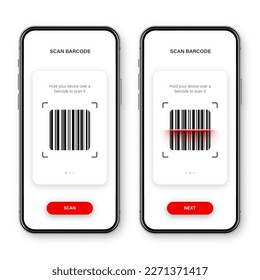 Barcode scanner, reader app for smartphone. Identification tracking code. Serial number, product ID with digital information. Store, supermarket scan labels, price tag. Vector illustration.
