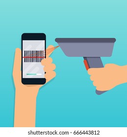 A Barcode Scanner Scanning A Bar Code On A Mobile Phone. Flat Design Modern Vector Illustration Concept.