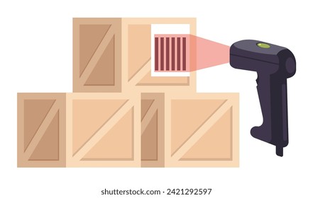 Barcode scanner scanning box label information data. Cargo delivery sale concept. Vector flat cartoon graphic design isolated icon illustration