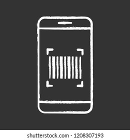 Barcode scanning app chalk icon. Smartphone reading linear barcode. One dimensional code scanner. Isolated vector chalkboard illustration