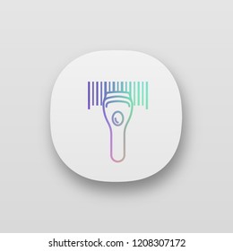 Barcode scanning app icon. UI/UX user interface. Linear barcode handheld scanner. One dimensional code identification. Store, shop, supermarket. Web or mobile application. Vector isolated illustration
