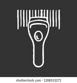 Barcode scanning chalk icon. Linear barcode handheld scanner. One dimensional code identification. Store, shop, supermarket. Bar code reader. Isolated vector chalkboard illustration