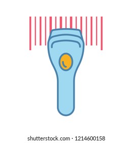 Barcode scanning color icon. Linear barcode handheld scanner. One dimensional code identification. Store, shop, supermarket. Bar code reader. Isolated vector illustration