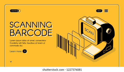 Barcode scanning equipment store web banner or site isometric vector with desktop barcode reader, stationary laser scanner, line art illustration. Business solutions for trade and inventory management