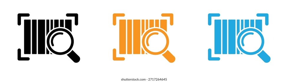  Icono de escaneo de código de barras. Icono de escaneo de código de barras con Ilustración vectorial de lupa para Identificación y verificación de Productos. Código de barras, icono de código. Ilustración vectorial, diseño plano.