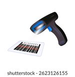 Barcode scanning modern vector illustration. 3D render reader laser scanner for warehouse. Retail label barcode scan isolated on white background. Warehouse inventory management