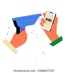Barcode Scanning With Smartphone And Scanner In Flat Vector Illustration Symbolizing Contactless Payments, Retail Technology, And Digital Transactions, Isolated On White Background