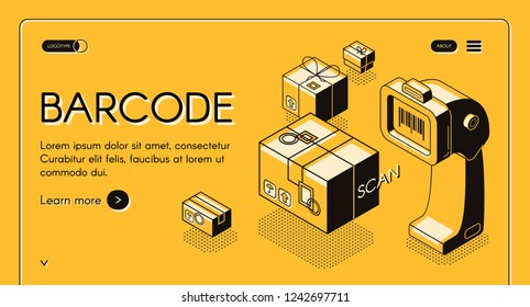 Barcode scanning web banner or site isometric vector with desktop barcode reader, stationary laser scanner and parcel or box, line art illustration. Business solutions for trade and inventory