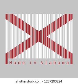 Barcode set the color of Alabama flag, The states of America,  Red St. Andrew's saltire in a field of white. text: Made in Alabama. concept of sale or business.