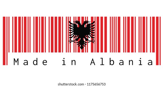 Barcode set the color of Albania flag, a red with the black double-headed eagle on white background with text: Made in Albania. concept of sale or business.