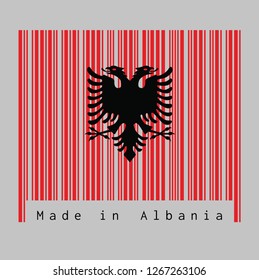 Barcode set the color of Albania flag, a red with the black double-headed eagle on white background with text: Made in Albania. concept of sale or business.