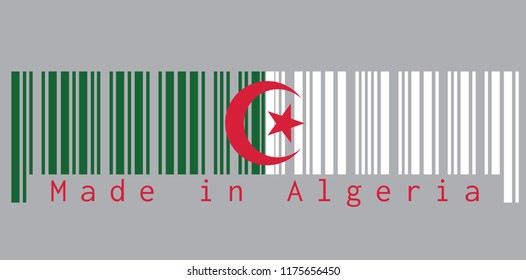 Barcode set the color of Algeria flag, green and white  with a red star and crescent on grey background with text: Made in Algeria. concept of sale or business.