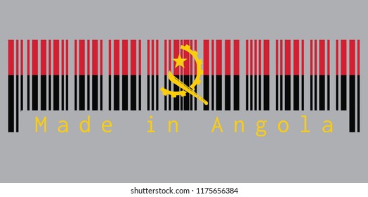 Barcode set the color of Angola flag, red and black with the Machete and Gear Emblem on grey background with text: Made in Angola. concept of sale or business.