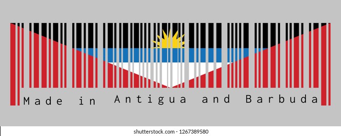 Barcode set the color of Antigua and Barbuda flag, black blue and white, with two red triangles with yellow half-sun, text: Made in Antigua and Barbuda. concept of sale or business. 