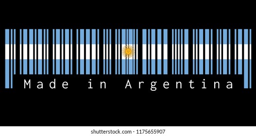 Barcode set the color of Argentina flag, blue and white with Sun of May on black background with text: Made in Argentina. concept of sale or business.