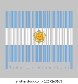 Barcode set the color of Argentina flag, blue and white with Sun of May on black background with text: Made in Argentina. concept of sale or business.